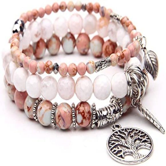 Tree of Life Turquoise Jasper & Tibetan Agate Gemstone Chakra Beaded Bracelet - Picture 1 of 5